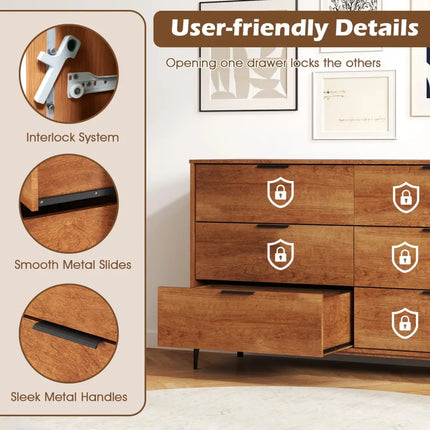 6-Drawer Dresser with Interlock System for Bedroom Living Room-Cherry - Cherry - Dressers & Chests