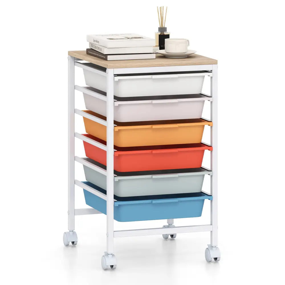 6-Drawer Rolling Storage Cart with Wooden Tabletop-Macaron - Macaron - File Cabinets