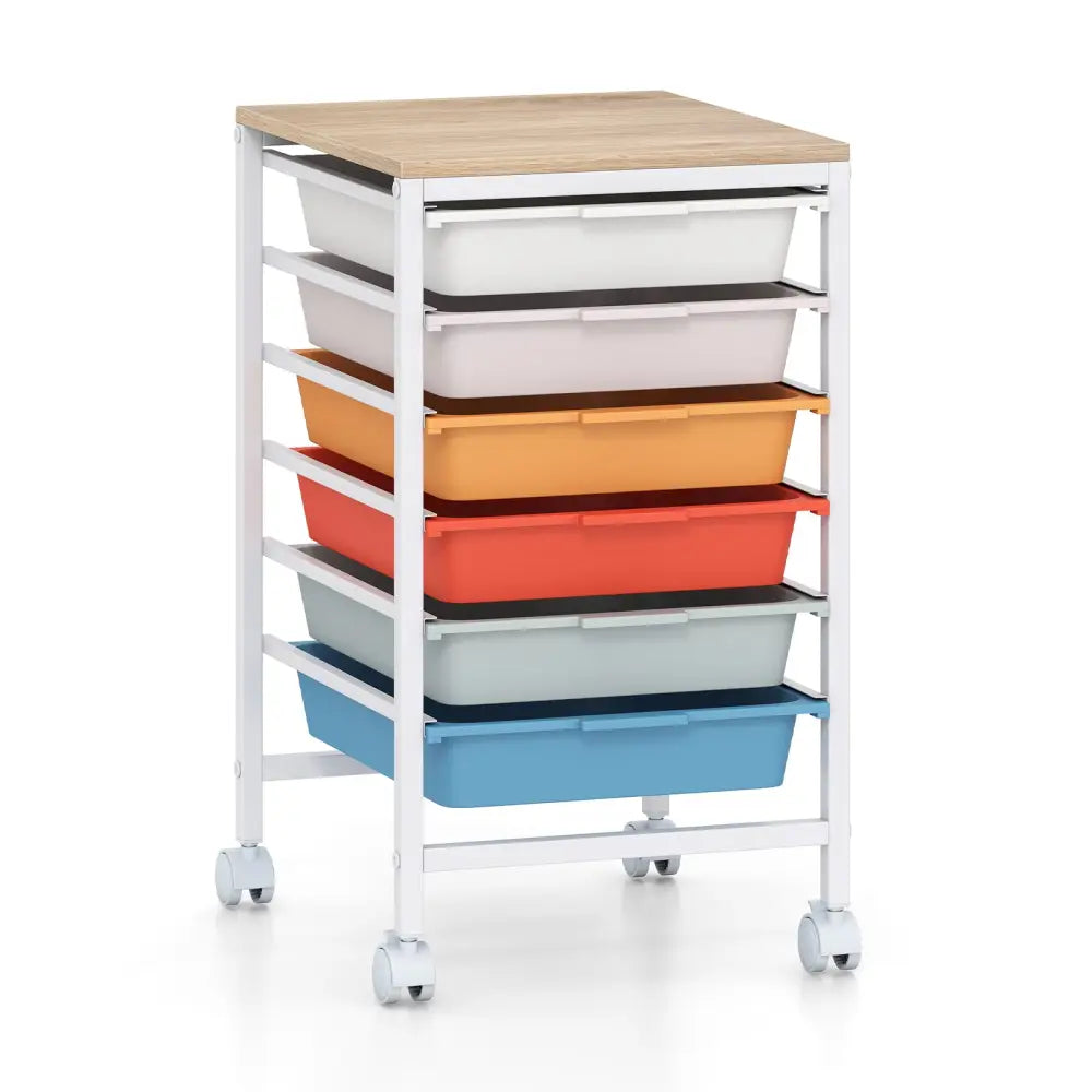 6-Drawer Rolling Storage Cart with Wooden Tabletop-Macaron - Macaron - File Cabinets