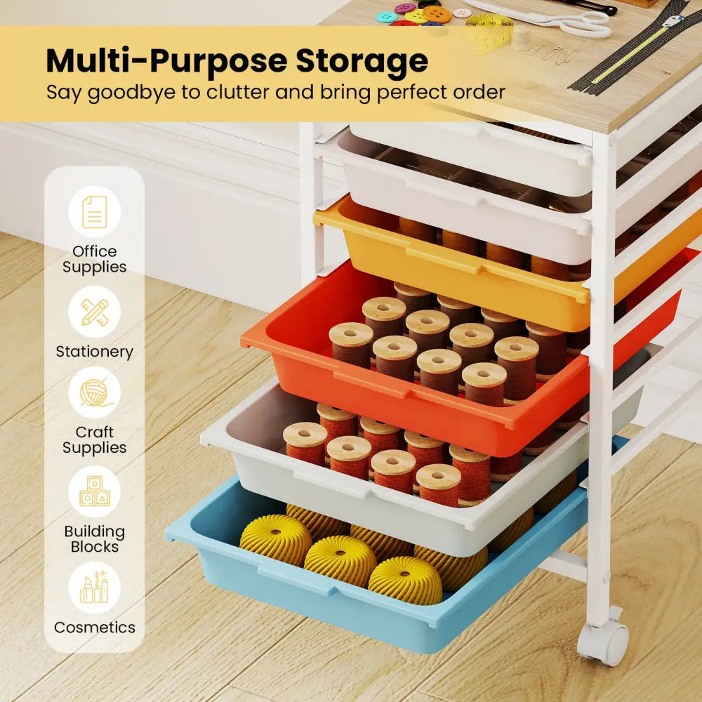 6-Drawer Rolling Storage Cart with Wooden Tabletop-Macaron - Macaron - File Cabinets