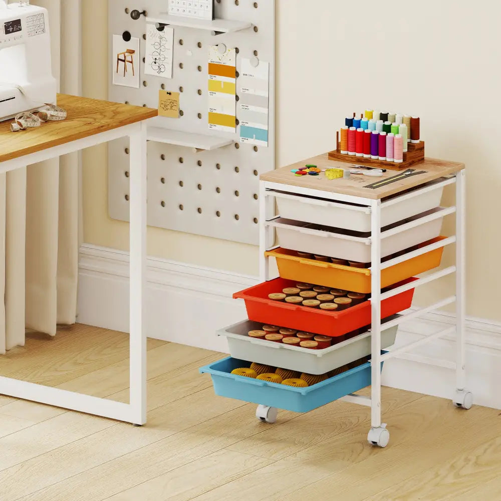 6-Drawer Rolling Storage Cart with Wooden Tabletop-Macaron - Macaron - File Cabinets