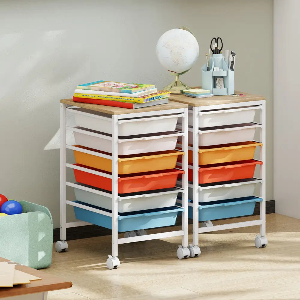 6-Drawer Rolling Storage Cart with Wooden Tabletop-Macaron - Macaron - File Cabinets