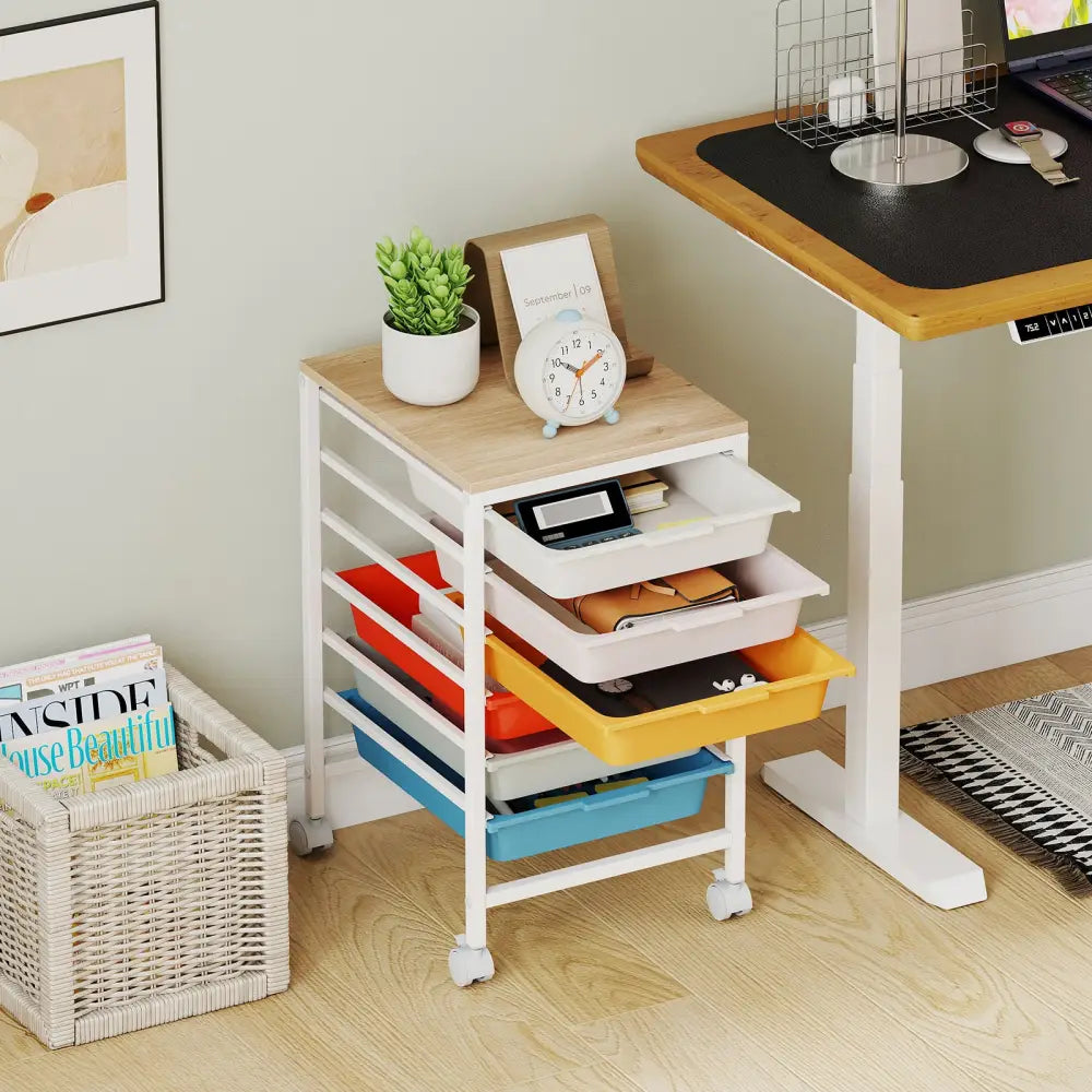 6-Drawer Rolling Storage Cart with Wooden Tabletop-Macaron - Macaron - File Cabinets