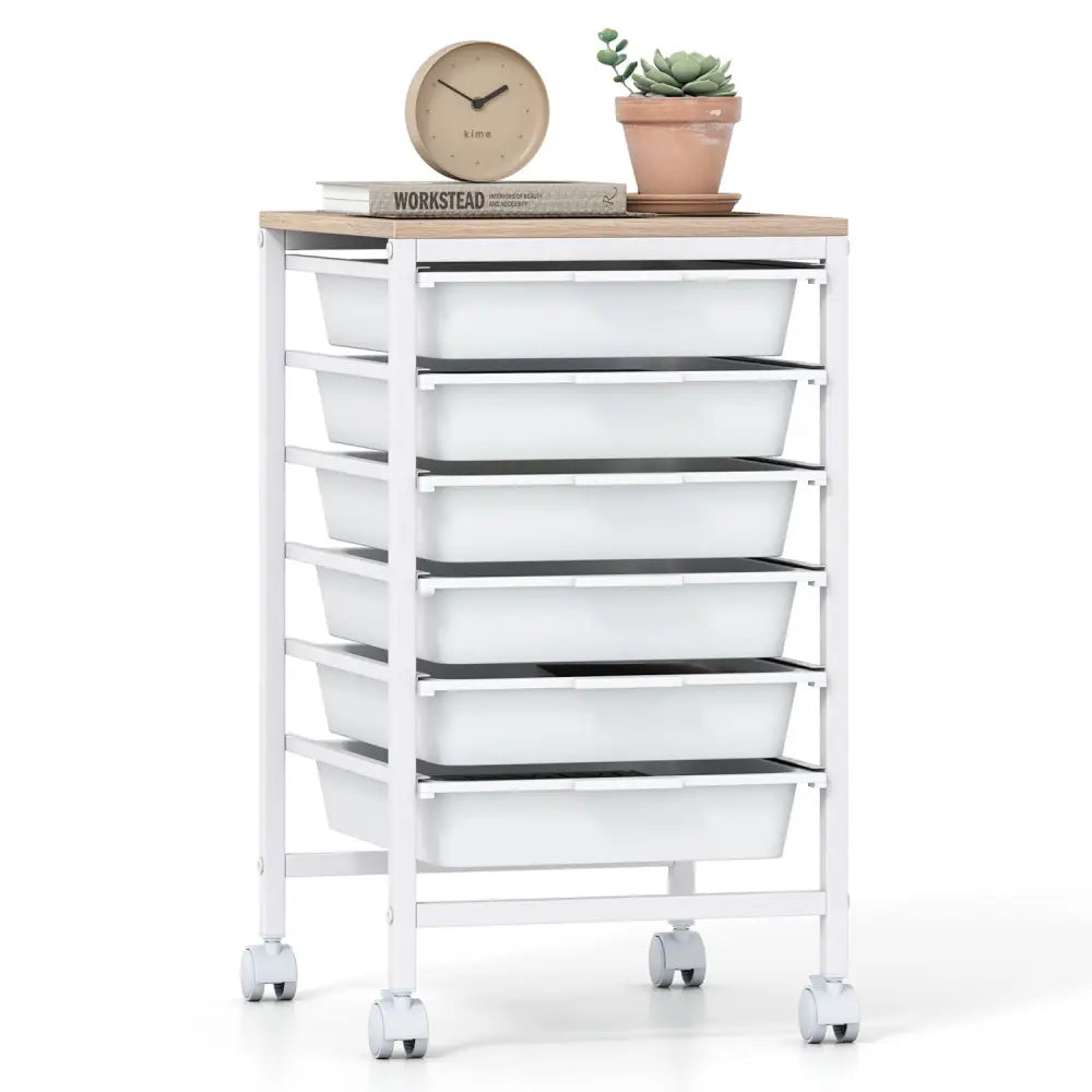 6-Drawer Rolling Storage Cart with Wooden Tabletop-White - White - File Cabinets