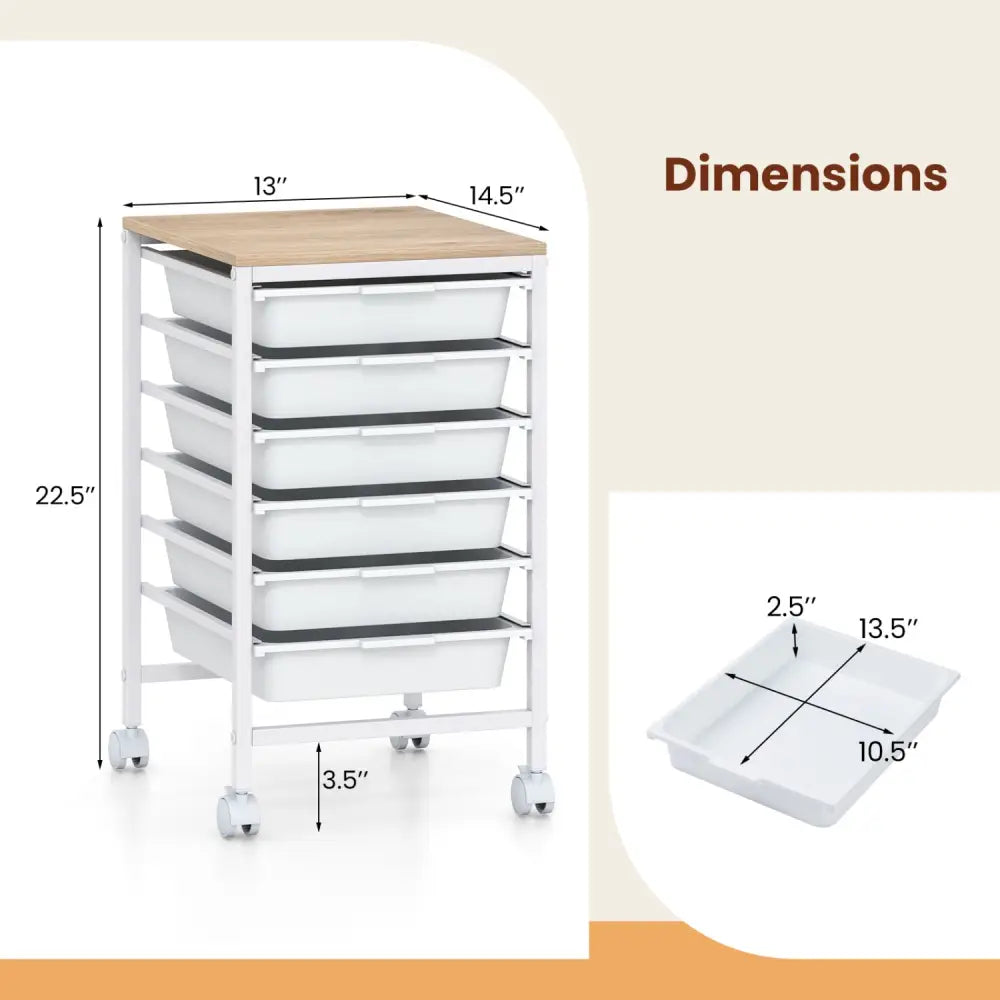 6-Drawer Rolling Storage Cart with Wooden Tabletop-White - White - File Cabinets