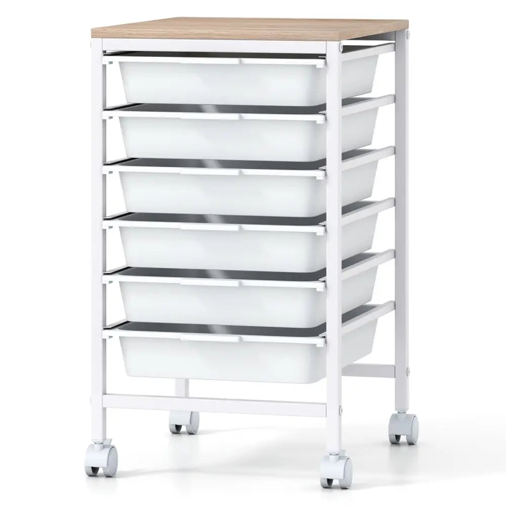 6-Drawer Rolling Storage Cart with Wooden Tabletop-White - White - File Cabinets
