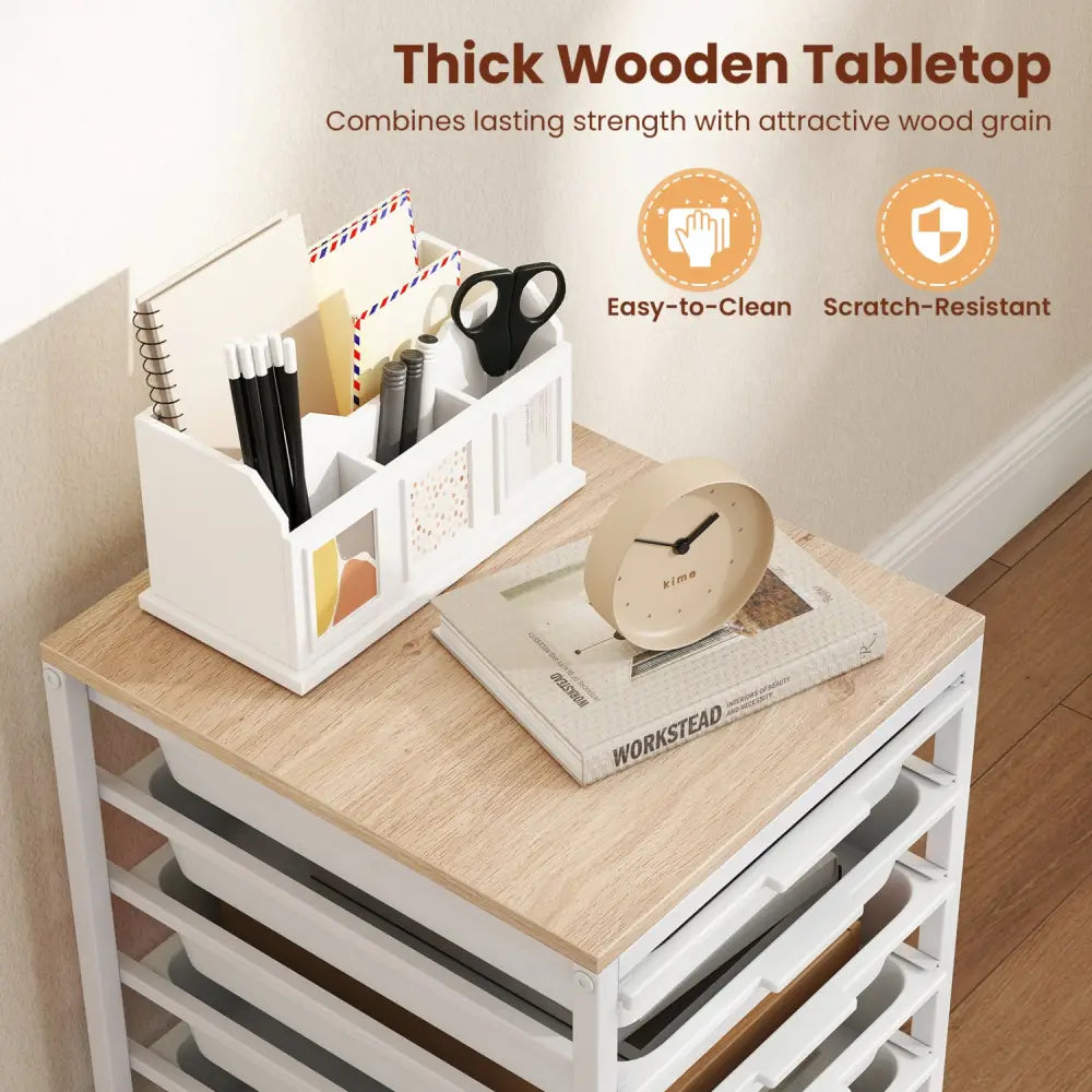 6-Drawer Rolling Storage Cart with Wooden Tabletop-White - White - File Cabinets