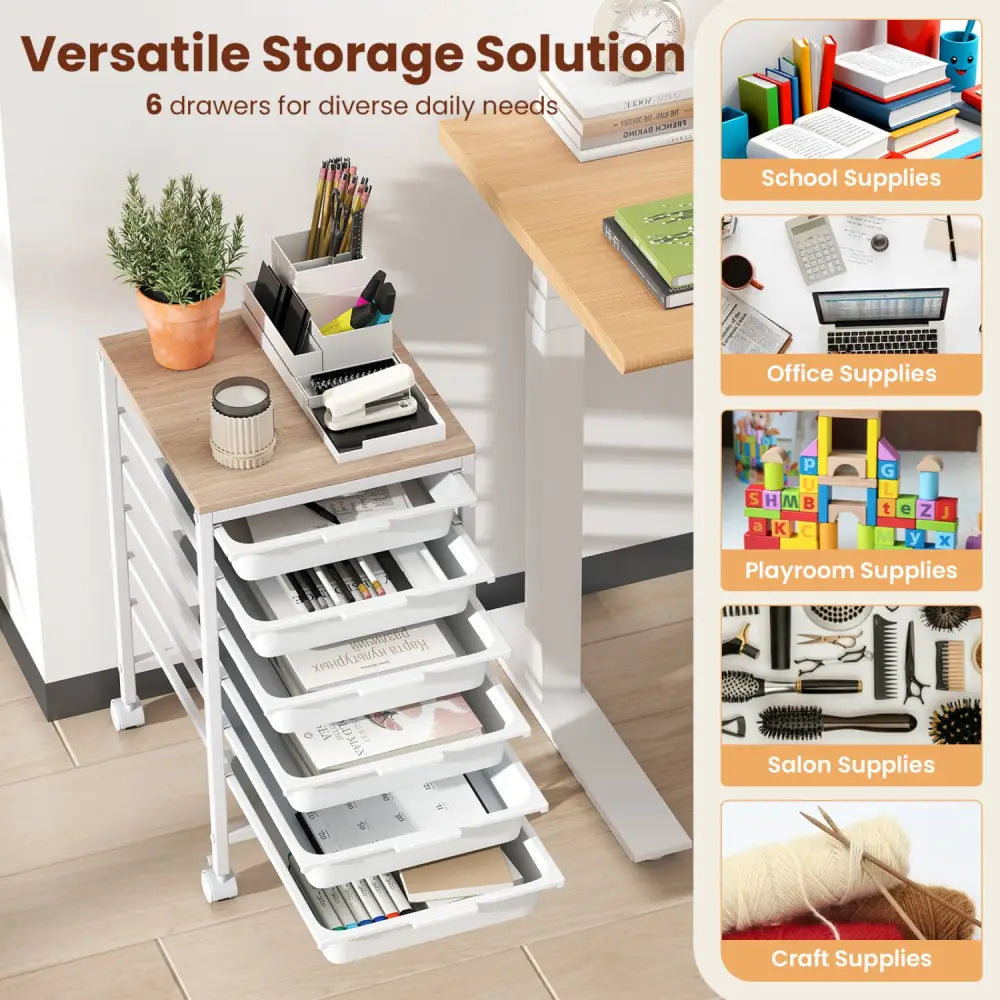 6-Drawer Rolling Storage Cart with Wooden Tabletop-White - White - File Cabinets