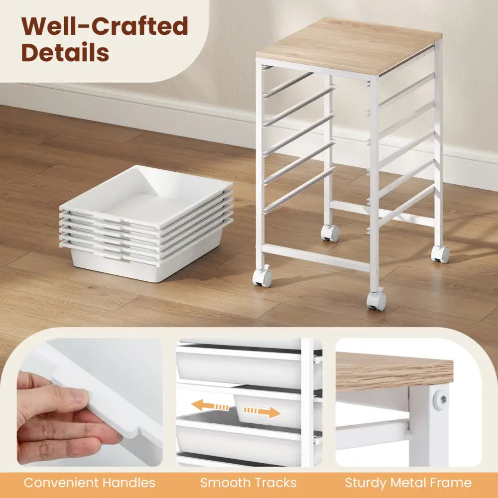 6-Drawer Rolling Storage Cart with Wooden Tabletop-White - White - File Cabinets