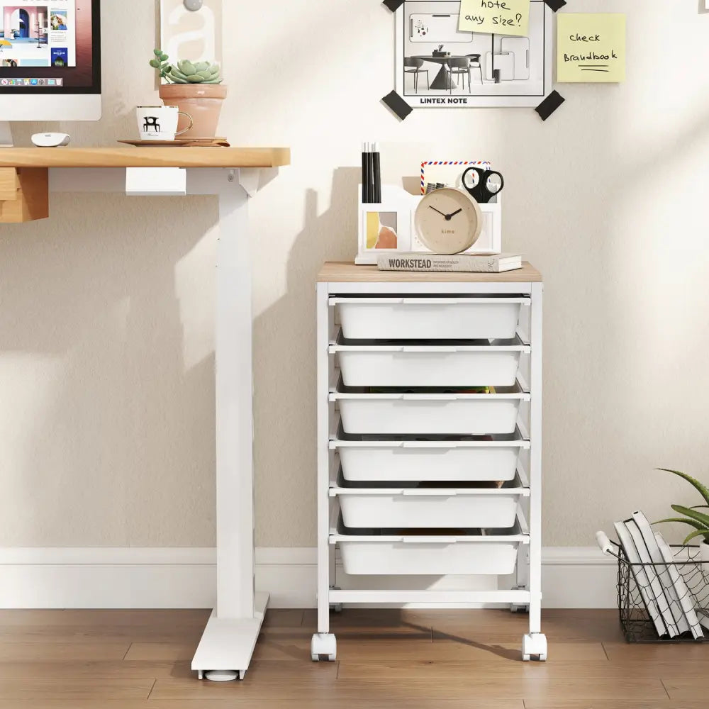 6-Drawer Rolling Storage Cart with Wooden Tabletop-White - White - File Cabinets