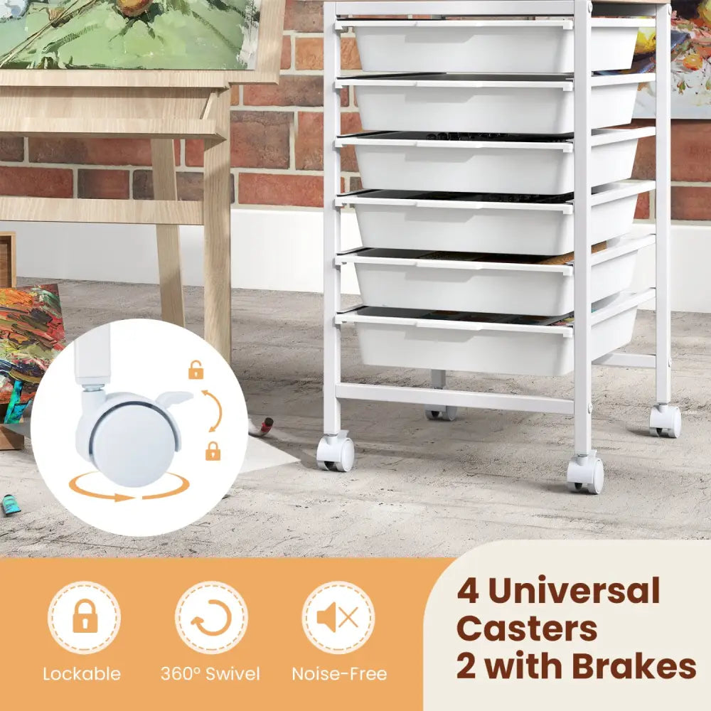 6-Drawer Rolling Storage Cart with Wooden Tabletop-White - White - File Cabinets
