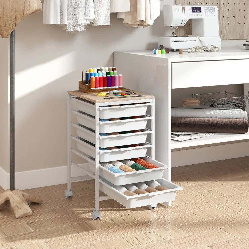 6-Drawer Rolling Storage Cart with Wooden Tabletop-White - White - File Cabinets