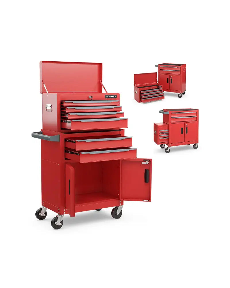 6-Drawer Rolling Tool Storage Chest Cabinet with Universal Wheels and Hooks-Red - Red - Garages