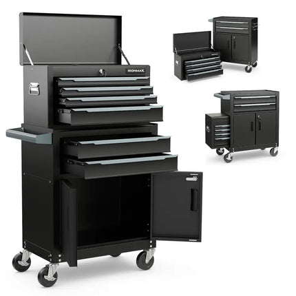 6-Drawer Rolling Tool Storage Chest Cabinet with Universal Wheels and Hooks-Black - Black - Garages
