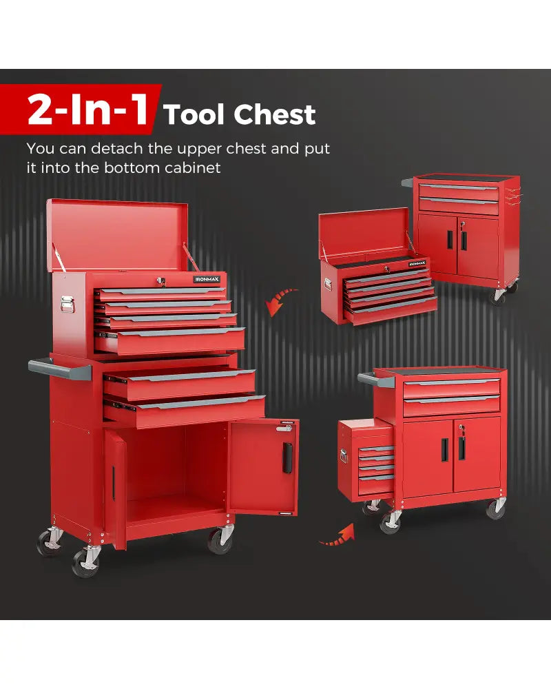6-Drawer Rolling Tool Storage Chest Cabinet with Universal Wheels and Hooks-Red - Red - Garages