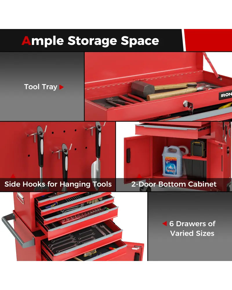 6-Drawer Rolling Tool Storage Chest Cabinet with Universal Wheels and Hooks-Red - Red - Garages