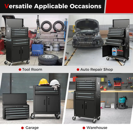 6-Drawer Rolling Tool Storage Chest Cabinet with Universal Wheels and Hooks-Black - Black - Garages