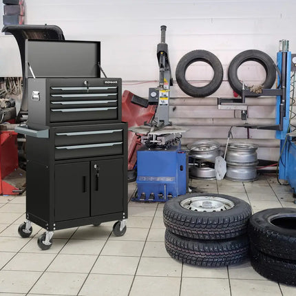 6-Drawer Rolling Tool Storage Chest Cabinet with Universal Wheels and Hooks-Black - Black - Garages
