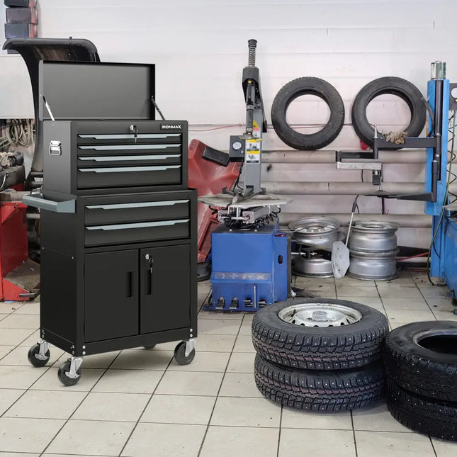 6-Drawer Rolling Tool Storage Chest Cabinet with Universal Wheels and Hooks-Black - Black - Garages