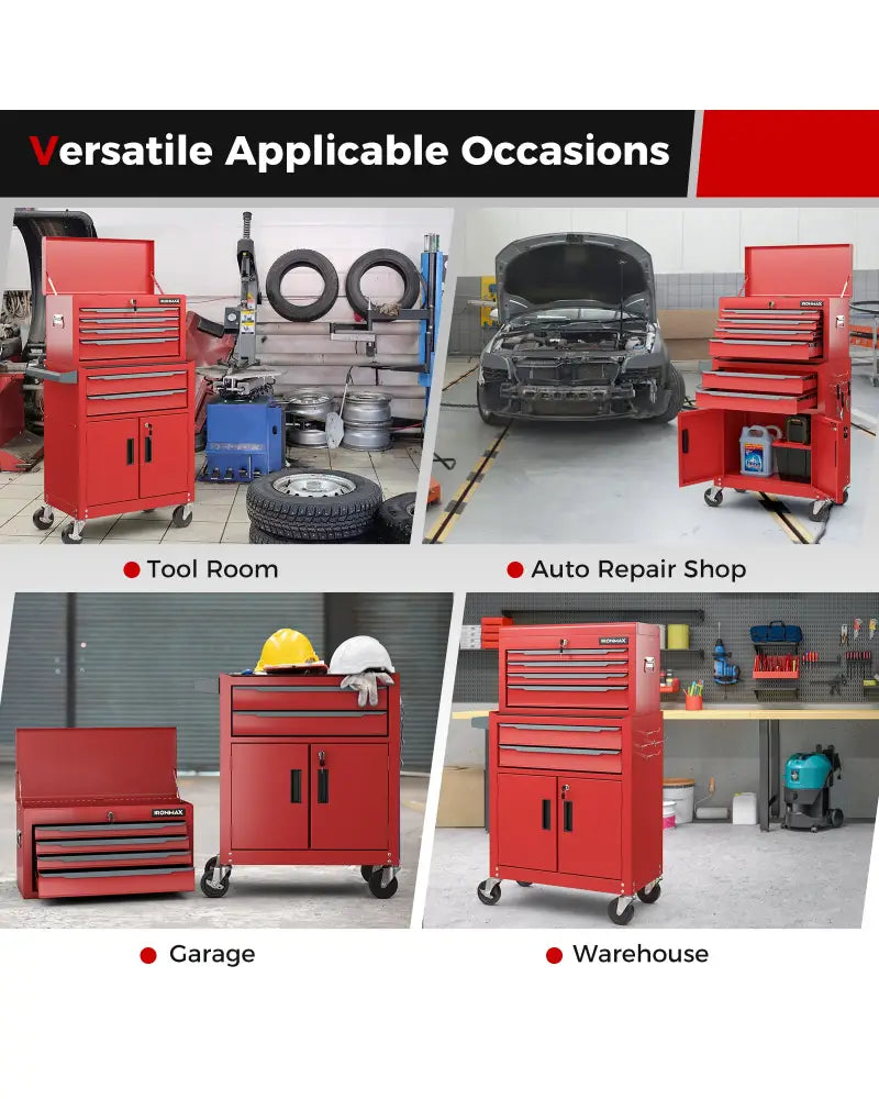 6-Drawer Rolling Tool Storage Chest Cabinet with Universal Wheels and Hooks-Red - Red - Garages