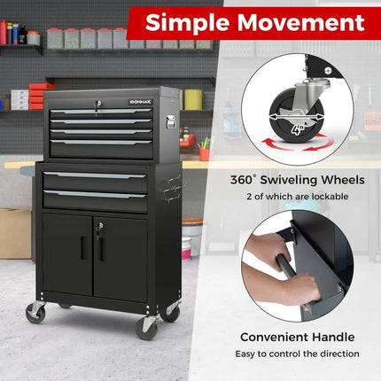 6-Drawer Rolling Tool Storage Chest Cabinet with Universal Wheels and Hooks-Black - Black - Garages