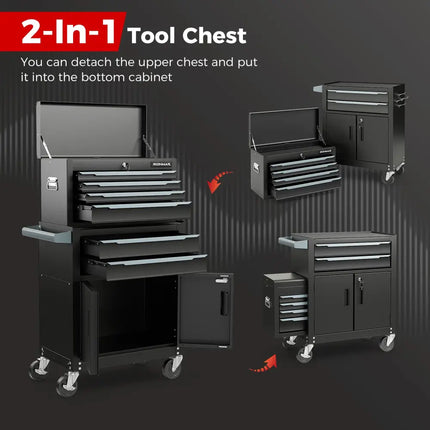 6-Drawer Rolling Tool Storage Chest Cabinet with Universal Wheels and Hooks-Black - Black - Garages