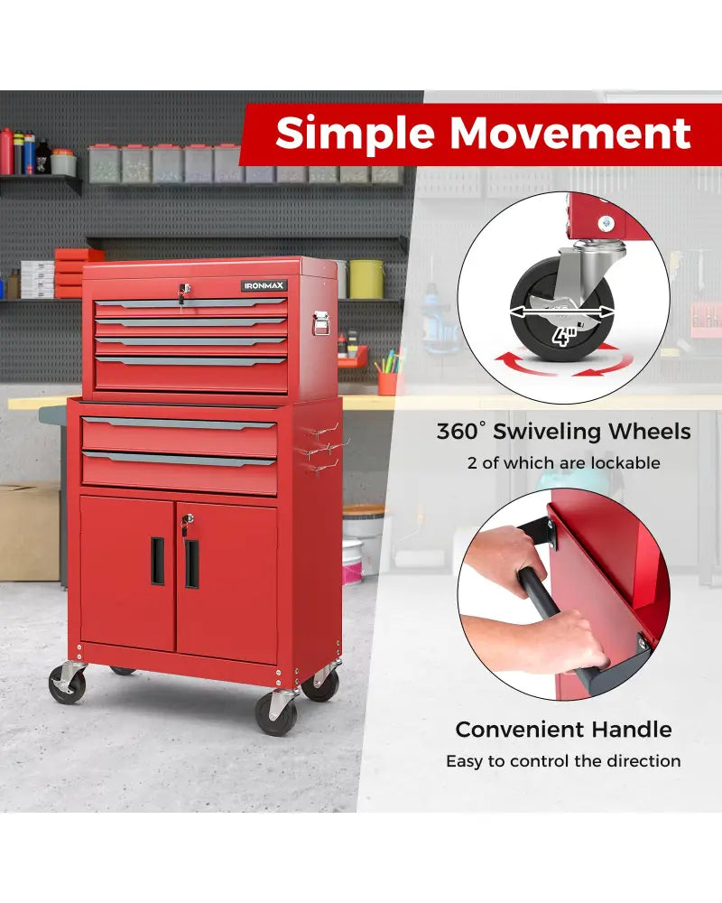 6-Drawer Rolling Tool Storage Chest Cabinet with Universal Wheels and Hooks-Red - Red - Garages