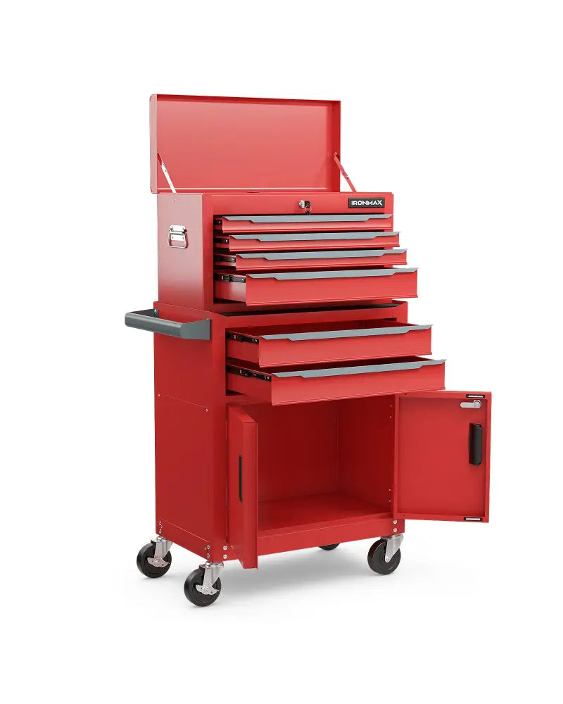 6-Drawer Rolling Tool Storage Chest Cabinet with Universal Wheels and Hooks-Red - Red - Garages