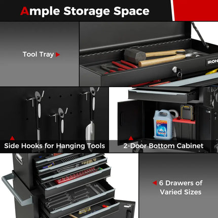 6-Drawer Rolling Tool Storage Chest Cabinet with Universal Wheels and Hooks-Black - Black - Garages