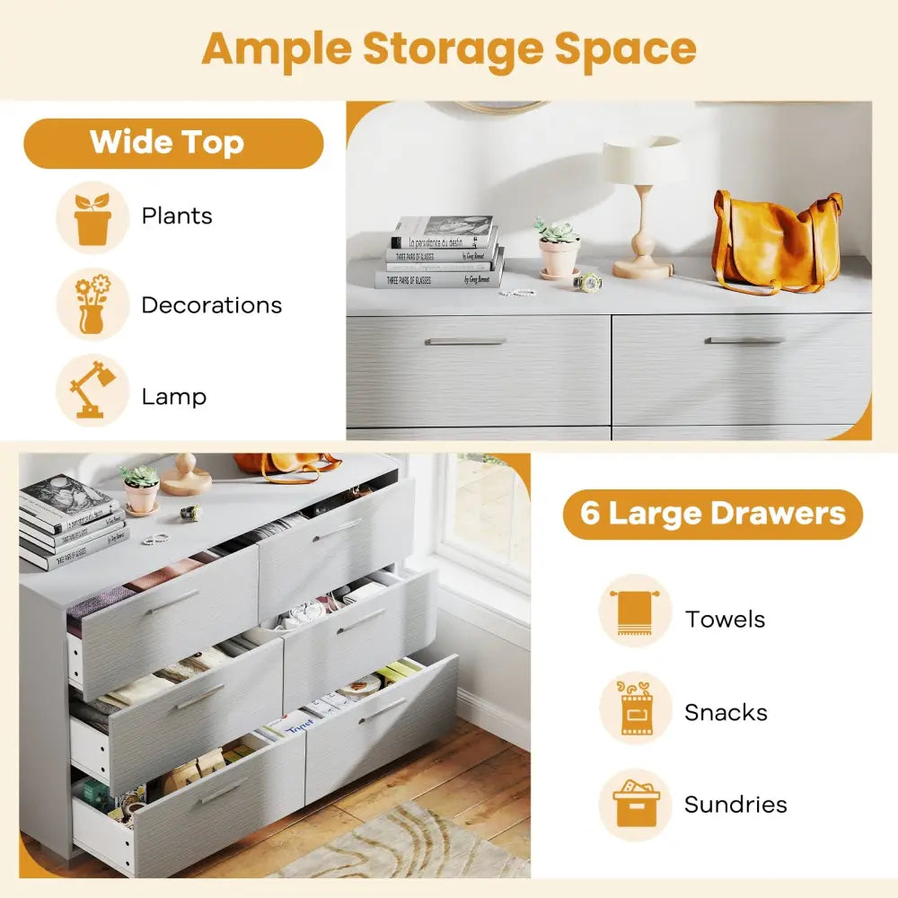 6 Drawer Storage Cabinet with Metal Legs Handles with Anti-Toppling Devices-Grey - Gray - Cabinets & Chests