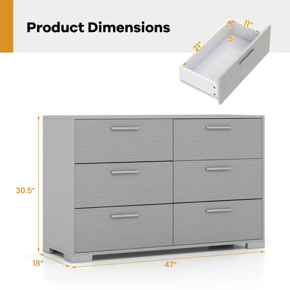 6 Drawer Storage Cabinet with Metal Legs Handles with Anti-Toppling Devices-Grey - Gray - Cabinets & Chests