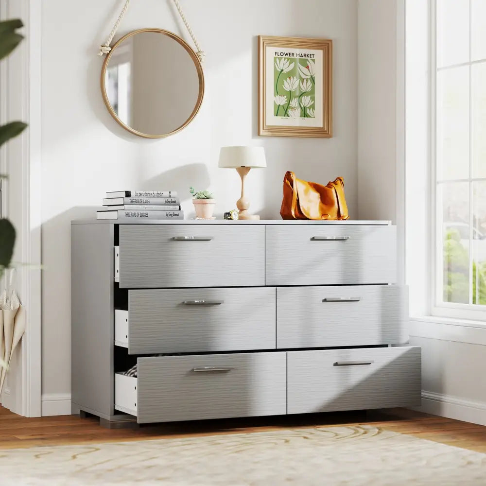 6 Drawer Storage Cabinet with Metal Legs Handles with Anti-Toppling Devices-Grey - Gray - Cabinets & Chests