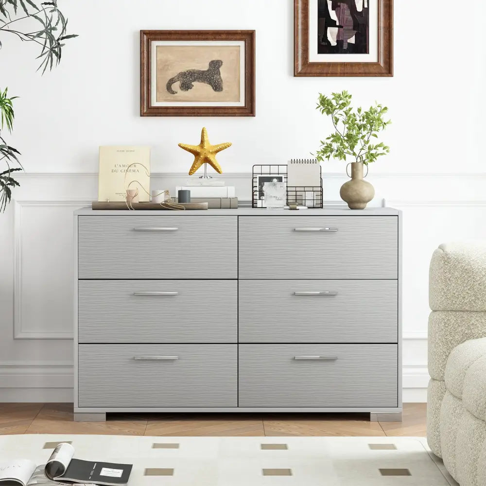 6 Drawer Storage Cabinet with Metal Legs Handles with Anti-Toppling Devices-Grey - Gray - Cabinets & Chests