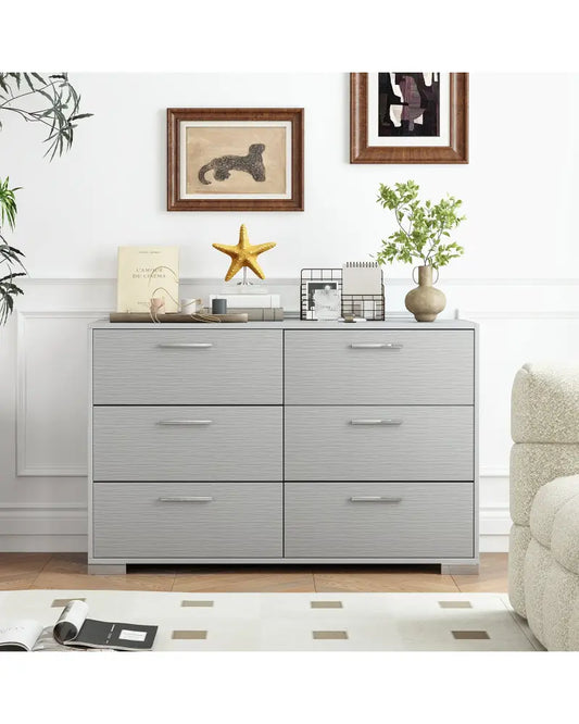 6 Drawer Storage Cabinet with Metal Legs Handles with Anti-Toppling Devices-Grey - Gray - Cabinets & Chests
