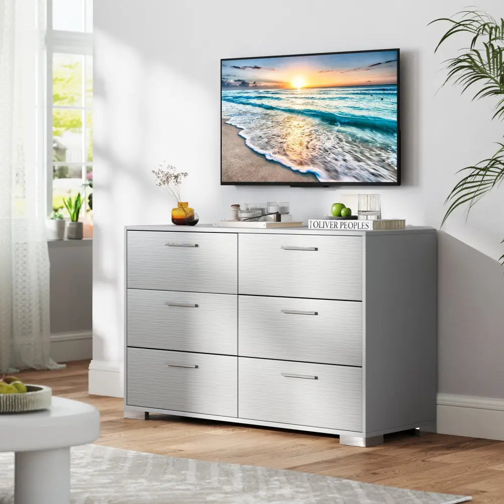 6 Drawer Storage Cabinet with Metal Legs Handles with Anti-Toppling Devices-Grey - Gray - Cabinets & Chests