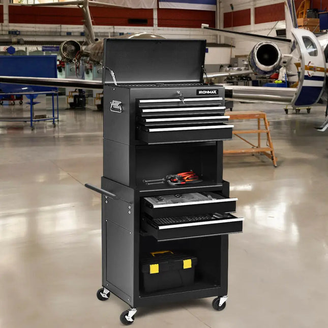 6-Drawer Tool Chest with Heightening Cabinet-Black - Black - Garden Tools