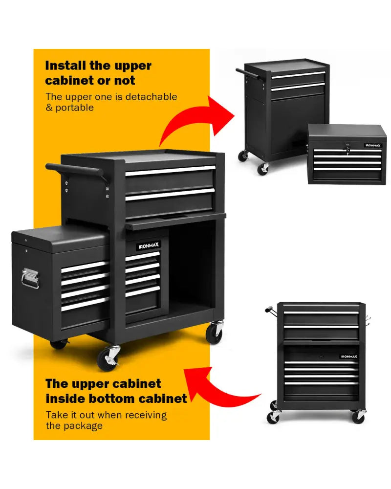 6-Drawer Tool Chest with Heightening Cabinet-Black - Black - Garden Tools