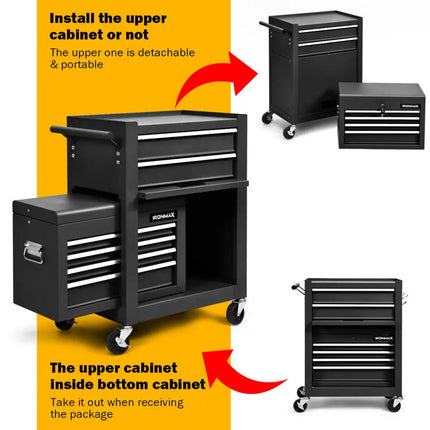 6-Drawer Tool Chest with Heightening Cabinet-Black - Black - Garden Tools