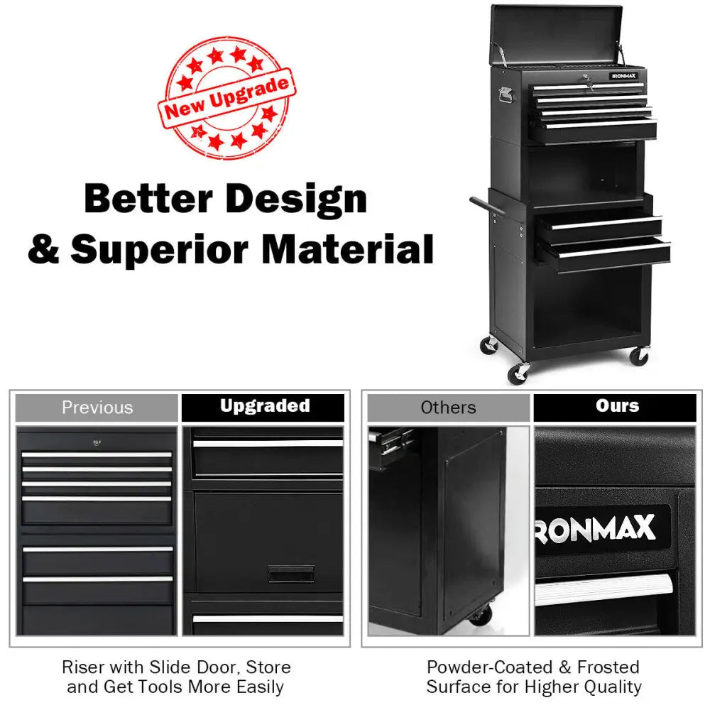6-Drawer Tool Chest with Heightening Cabinet-Black - Black - Garden Tools