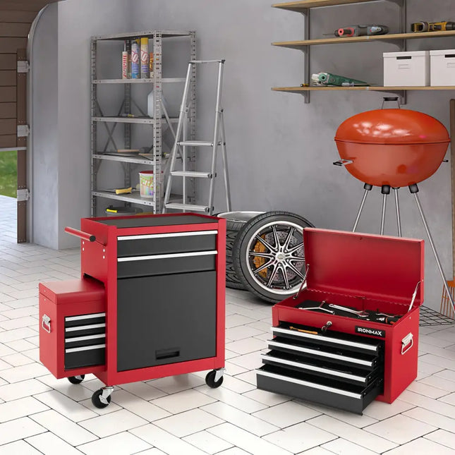 6-Drawer Tool Chest with Heightening Cabinet-Black & Red - Black & Red - Garden Tools