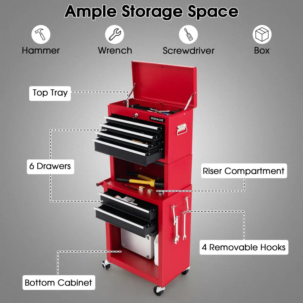 6-Drawer Tool Chest with Heightening Cabinet-Black & Red - Black & Red - Garden Tools