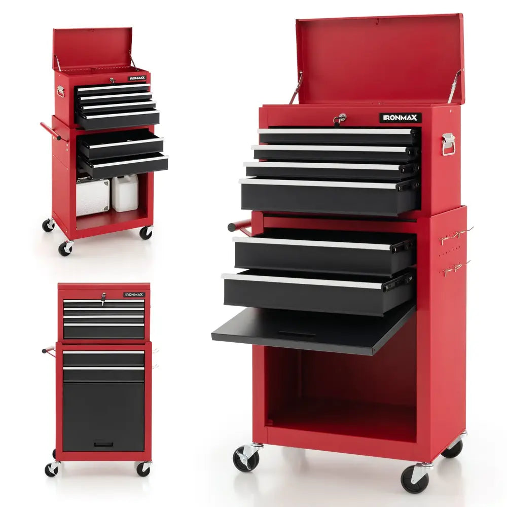 6-Drawer Tool Chest with Heightening Cabinet-Black & Red - Black & Red - Garden Tools