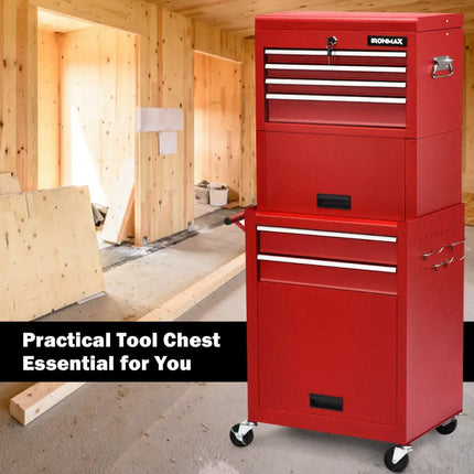 6-Drawer Tool Chest with Heightening Cabinet-Red - Red - Garden Tools