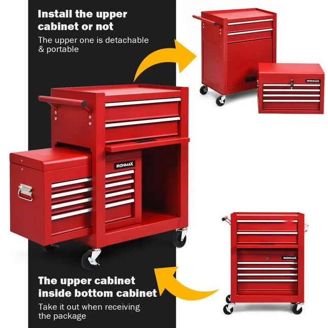 6-Drawer Tool Chest with Heightening Cabinet-Red - Red - Garden Tools