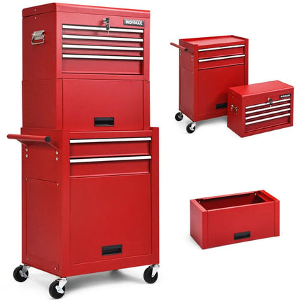 6-Drawer Tool Chest with Heightening Cabinet-Red - Red - Garden Tools