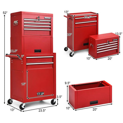 6-Drawer Tool Chest with Heightening Cabinet-Red - Red - Garden Tools