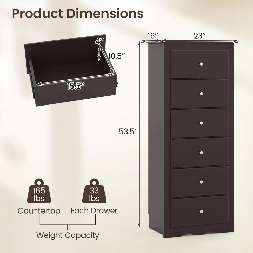 6 Drawers Chest Dresser Clothes Storage Bedroom Furniture Cabinet-Brown - Brown - Dressers & Chests