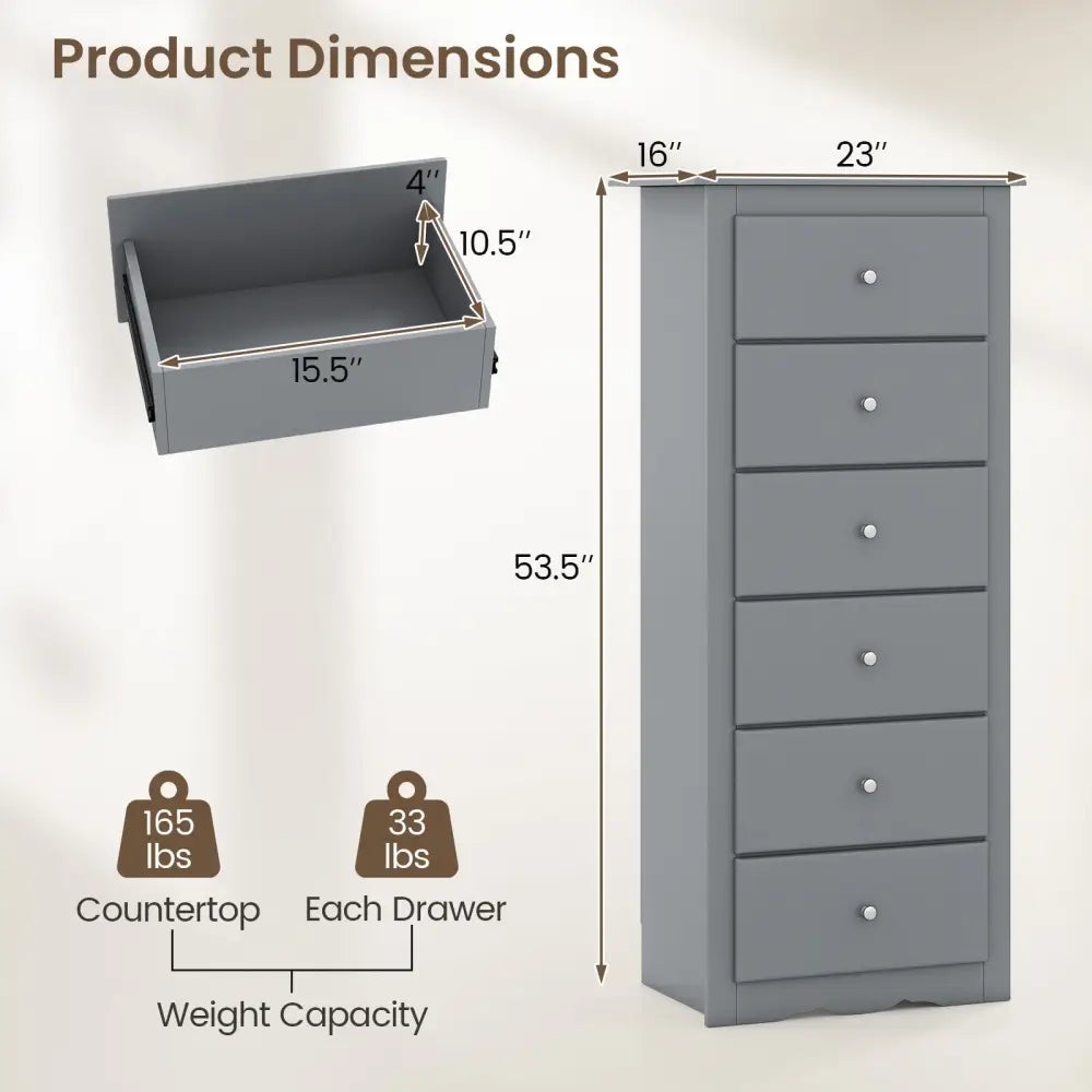 6 Drawers Chest Dresser Clothes Storage Bedroom Furniture Cabinet-Gray - Gray - Dressers & Chests