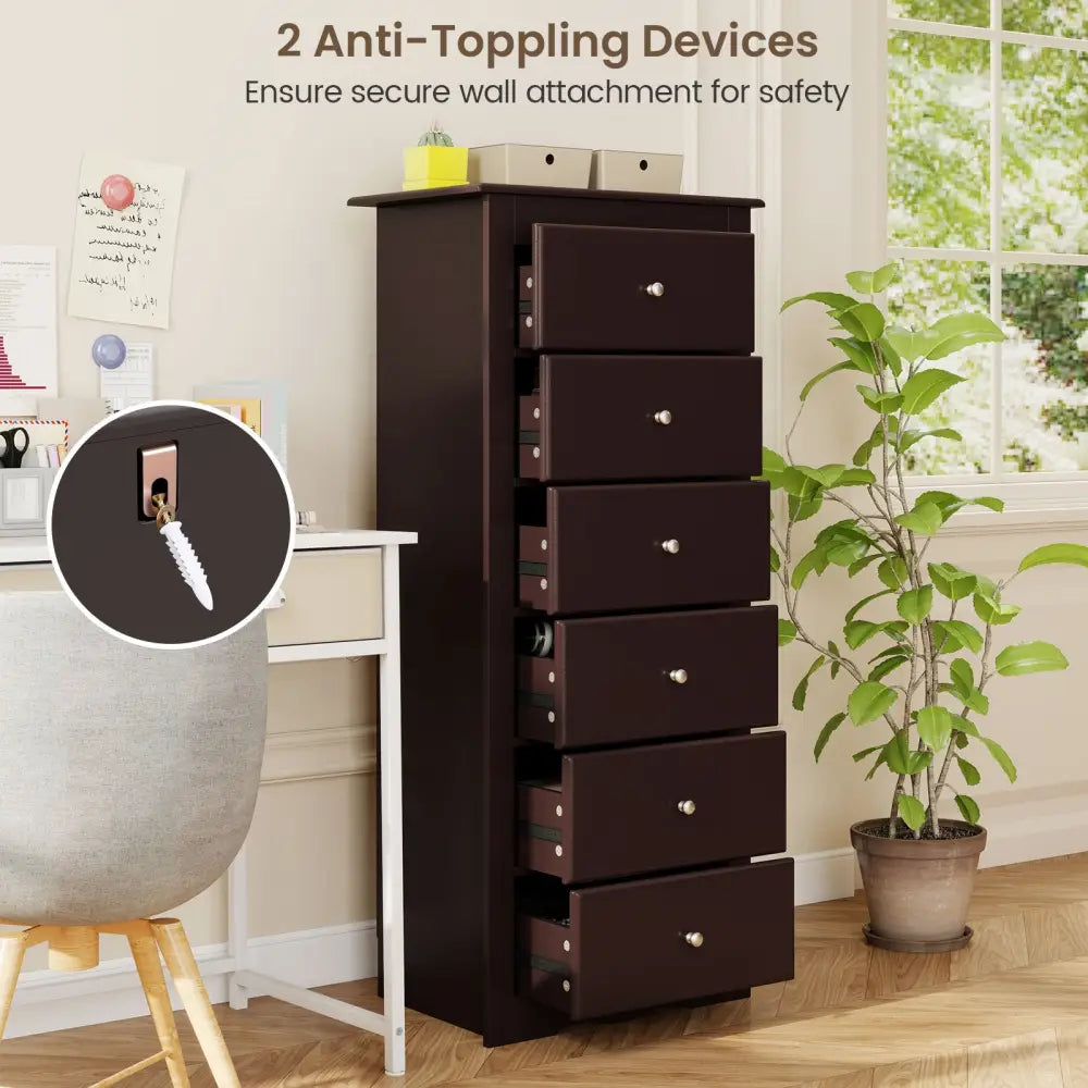 6 Drawers Chest Dresser Clothes Storage Bedroom Furniture Cabinet-Brown - Brown - Dressers & Chests