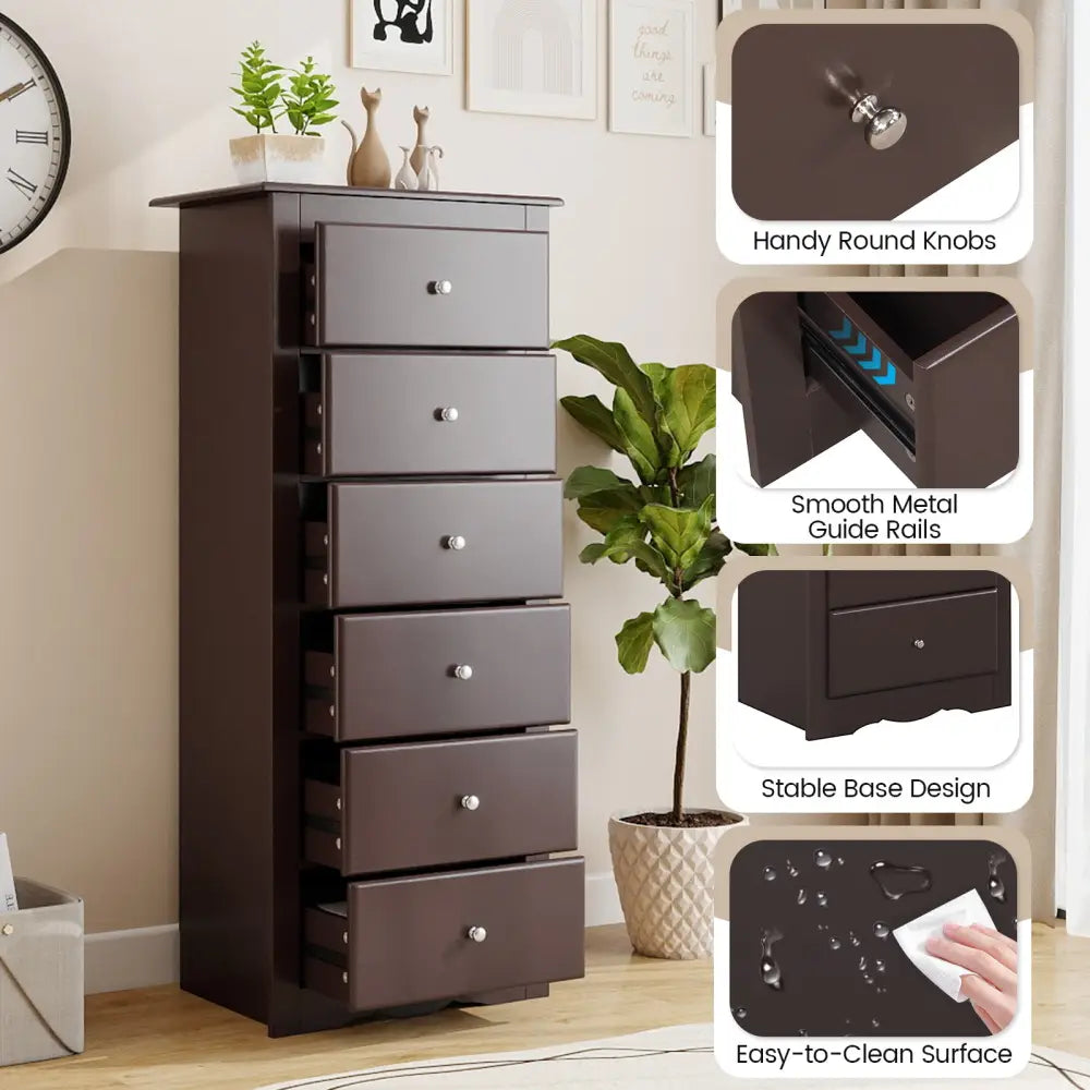 6 Drawers Chest Dresser Clothes Storage Bedroom Furniture Cabinet-Brown - Brown - Dressers & Chests